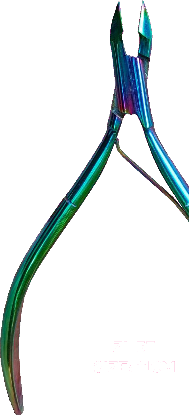 A cuticle nipper with an iridescent titanium finish